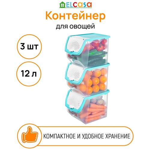 Контейнер для хранения овощей 12 л 33х23х23,5 см EL Casa Прозрачно-бирюзовый, 3 штуки фотография